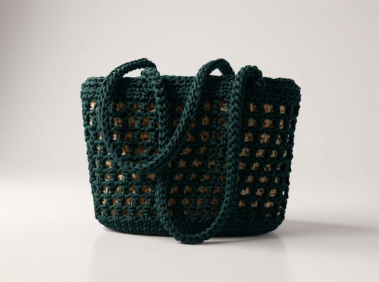 Panier MIH artisanal en osier naturel avec tressage au crochet en nylon recyclé vert sapin